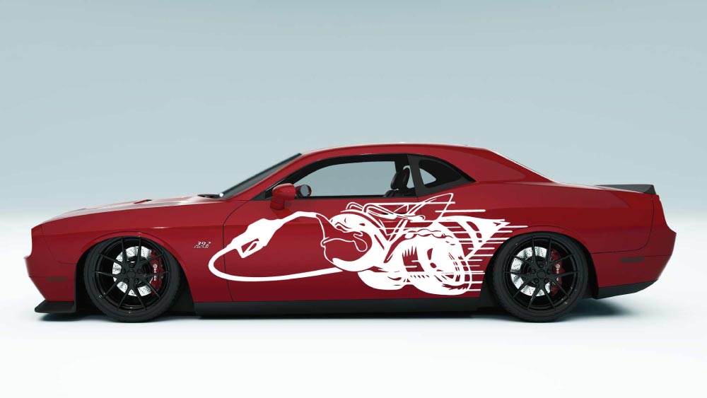 Fuel Thirsty Scat Pack Bee side decals in white for Dodge Challenger