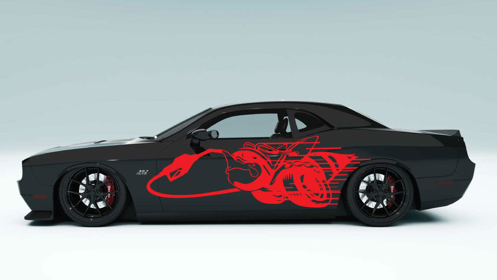 Fuel Thirsty Scat Pack Bee side decals in red for Dodge Challenger
