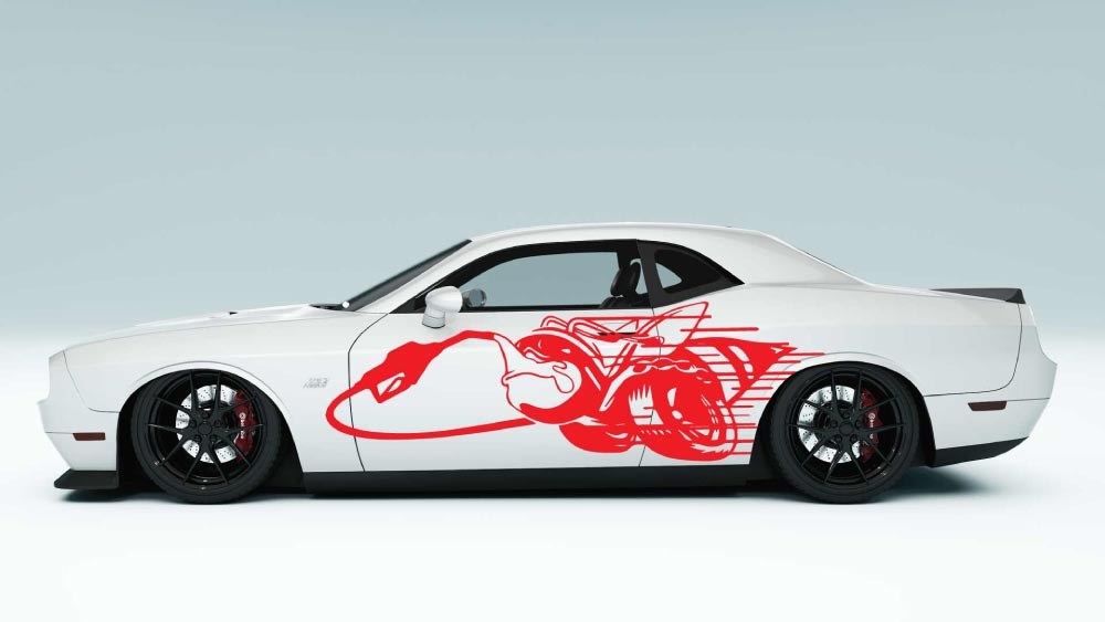 Fuel Thirsty Scat Pack Bee side decals in red for Dodge Challenger