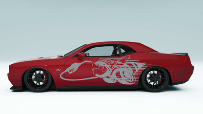 Close-up of Fuel Thirsty Scat Pack Bee vinyl decal detail on Challenger side
