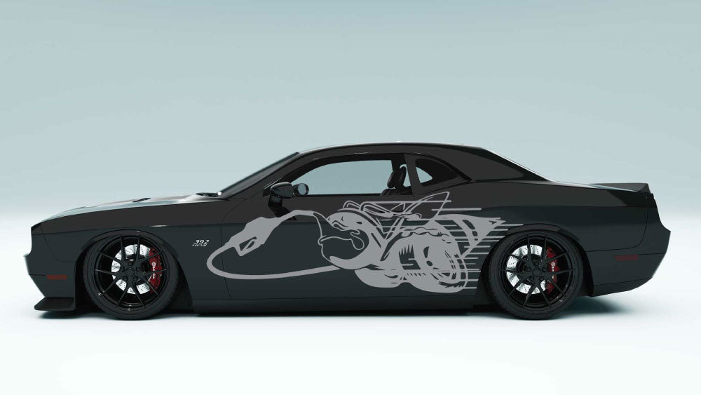 Dodge Challenger with Fuel Thirsty Scat Pack Bee side graphics installed