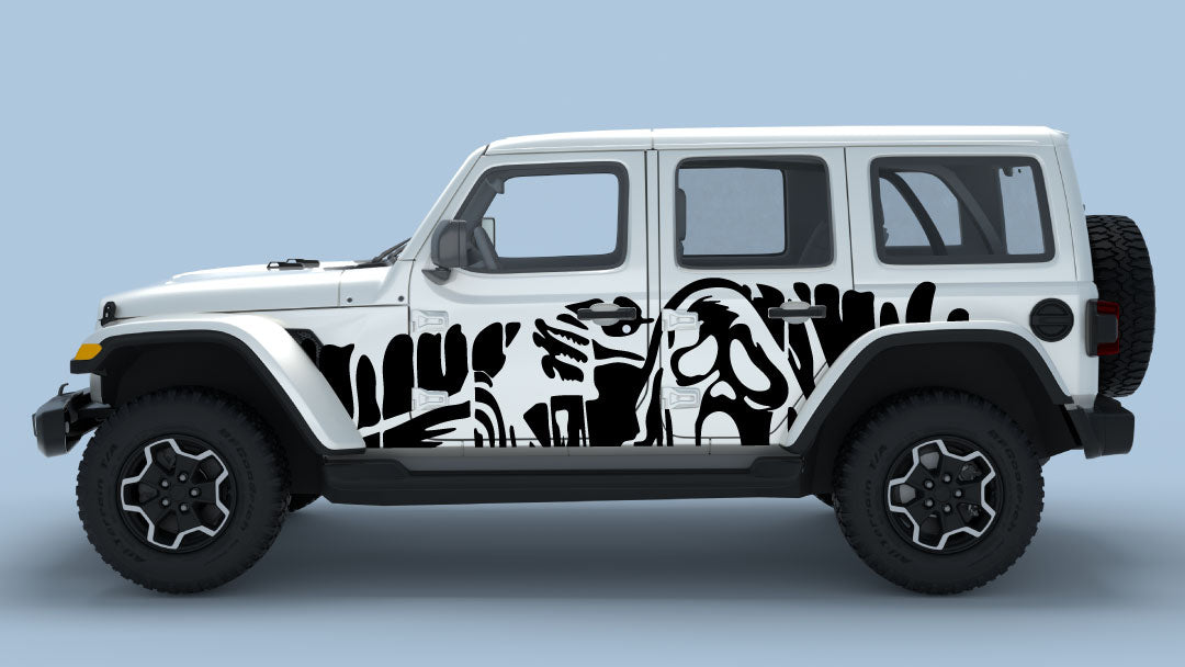 Black Ghost Drip Side Decals on White Jeep Wrangler JL