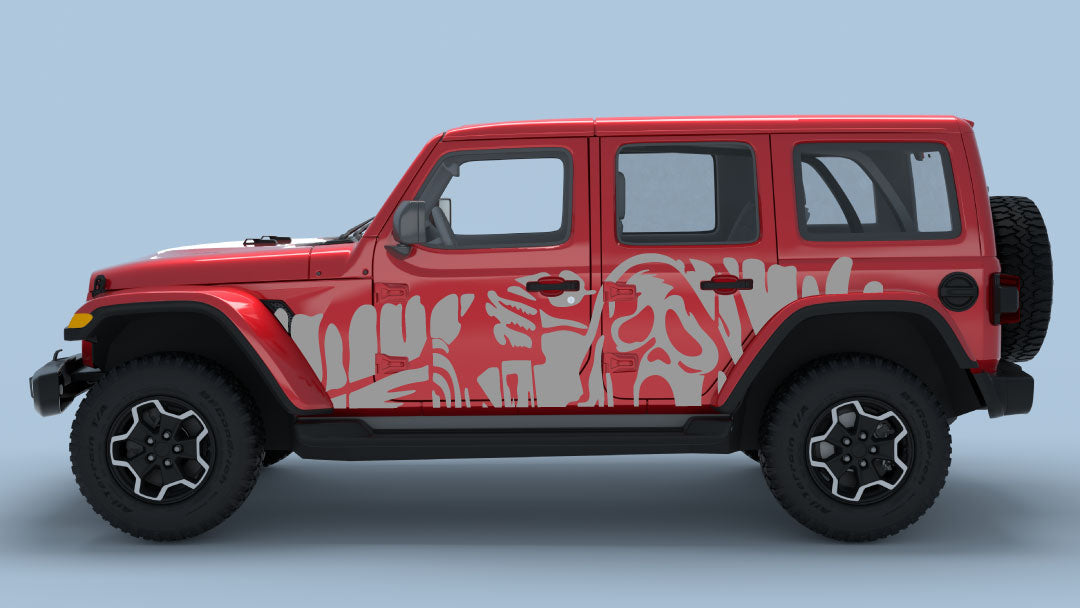 Gray Ghost Drip Side Decals on Red Jeep Wrangler JL