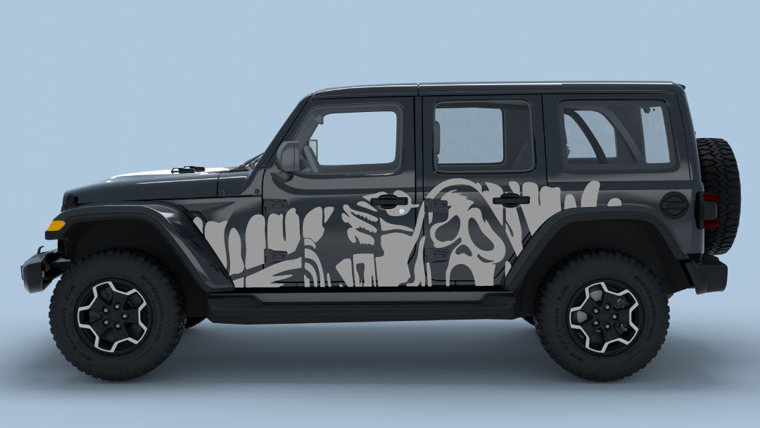 Gray Ghost Drip Side Decals on Black Jeep Wrangler JL