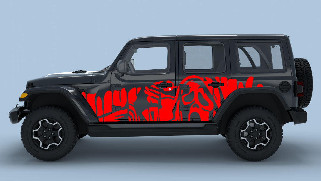 Red Ghost Drip Side Decals on Black Jeep Wrangler JL