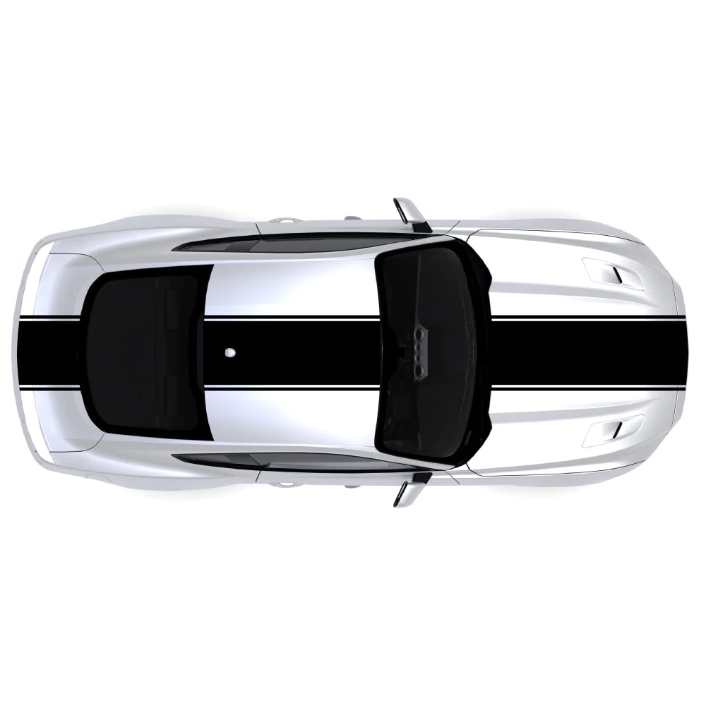 2015-2023 Ford Mustang with black pinstripe dual full body racing stripes on front bumper, hood, roof, trunk and back bumper