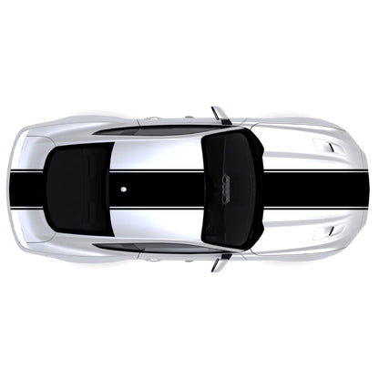 2015-2023 Ford Mustang with black pinstripe dual full body racing stripes on front bumper, hood, roof, trunk and back bumper