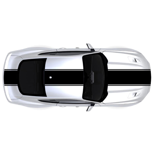 2015-2023 Ford Mustang with black pinstripe dual full body racing stripes on front bumper, hood, roof, trunk and back bumper