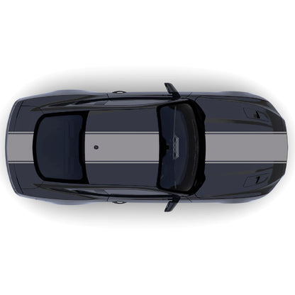 2015-2023 Ford Mustang with grey pinstripe dual full body racing stripes on front bumper, hood, roof, trunk and back bumper