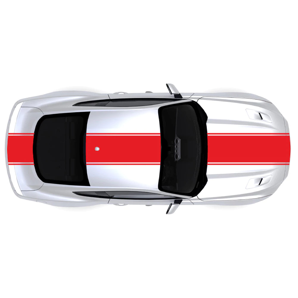 2015-2023 Ford Mustang with red pinstripe dual full body racing stripes on front bumper, hood, roof, trunk and back bumper