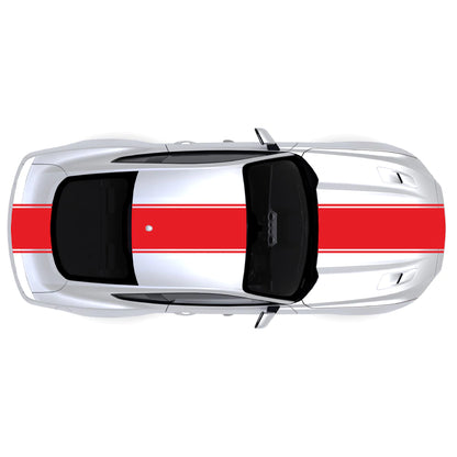 2015-2023 Ford Mustang with red pinstripe dual full body racing stripes on front bumper, hood, roof, trunk and back bumper