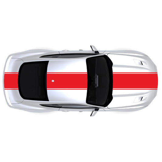2015-2023 Ford Mustang with red pinstripe dual full body racing stripes on front bumper, hood, roof, trunk and back bumper