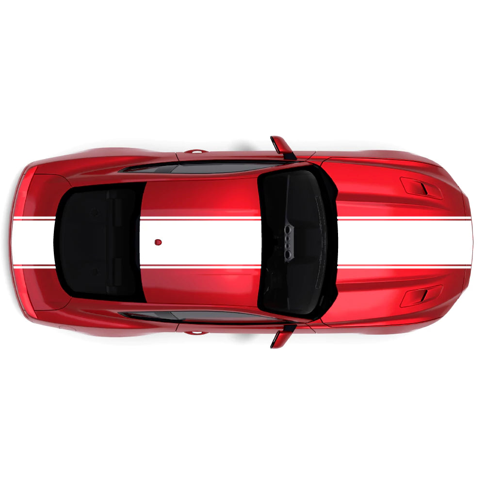 2015-2023 Ford Mustang with white pinstripe dual full body racing stripes on front bumper, hood, roof, trunk and back bumper