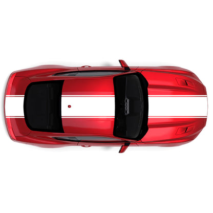 2015-2023 Ford Mustang with white pinstripe dual full body racing stripes on front bumper, hood, roof, trunk and back bumper