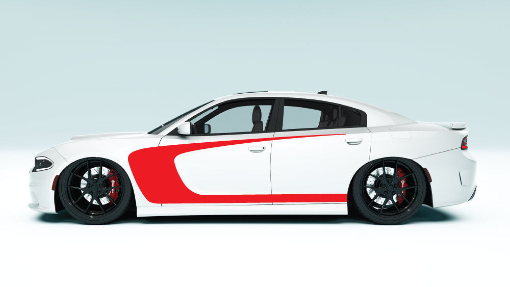 Outer Scallop C-Style Side Stripes for Dodge Charger - white decals on red car