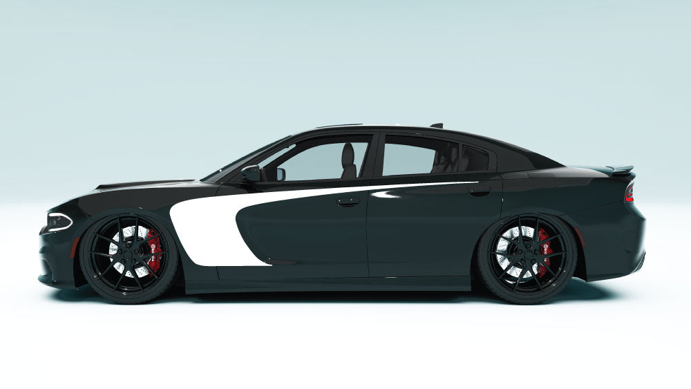 Outer Scallop Side Stripes for Dodge Charger - white decals on black car
