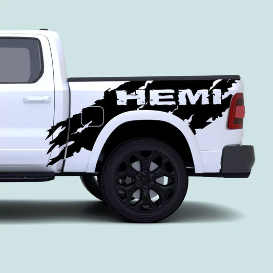 2019-present Ram 1500 with black Splash HEMI side bed decals installed on the bedside and rear quarter panel
