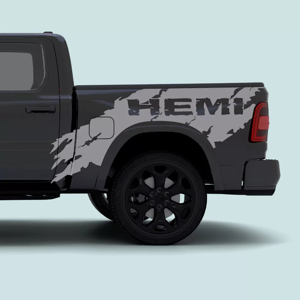 2019-present Ram 1500 with grey Splash HEMI side bed decals installed on the bedside and rear quarter panel