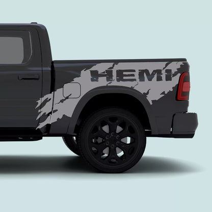 2019-present Ram 1500 with grey Splash HEMI side bed decals installed on the bedside and rear quarter panel