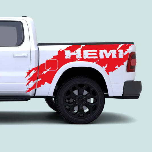 2019-present Ram 1500 with red Splash HEMI side bed decals installed on the bedside and rear quarter panel
