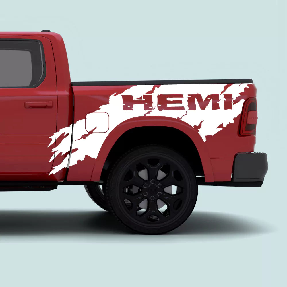 2019-present Ram 1500 with white Splash HEMI side bed decals installed on the bedside and rear quarter panel