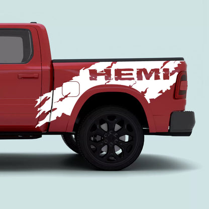 2019-present Ram 1500 with white Splash HEMI side bed decals installed on the bedside and rear quarter panel