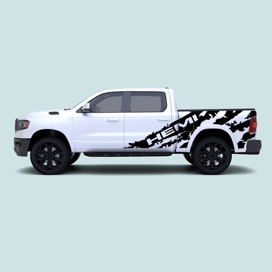 2019-present Ram 1500 with black HEMI Shred side decals across the doors and bed