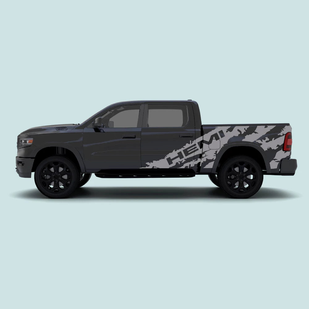 2019-present Ram 1500 with grey HEMI Shred side decals across the doors and bed