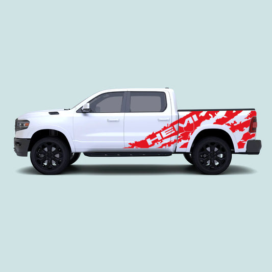 2019-present Ram 1500 with red HEMI Shred side decals across the doors and bed