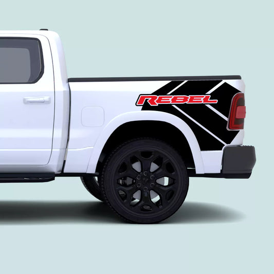 2019–present Ram 1500 Rebel black side bed decals with REBEL text and angular rear-quarter vinyl graphics