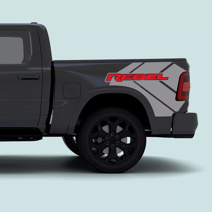 2019–present Ram 1500 Rebel grey side bed decals with REBEL text and angular rear-quarter vinyl graphics