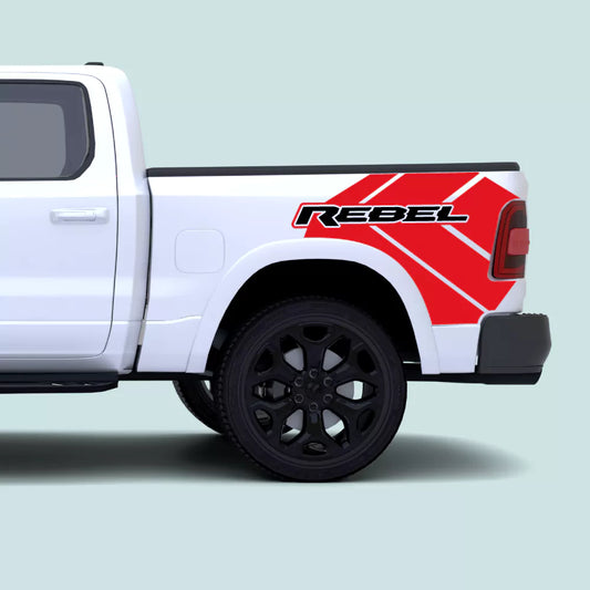 2019–present Ram 1500 Rebel red side bed decals with REBEL text and angular rear-quarter vinyl graphics