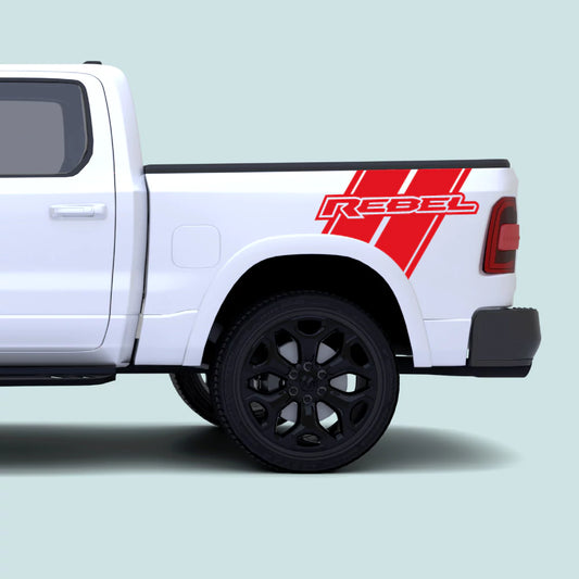 2019–present Ram 1500 with red Rebel side bed stripe decal kit and REBEL text vinyl graphics