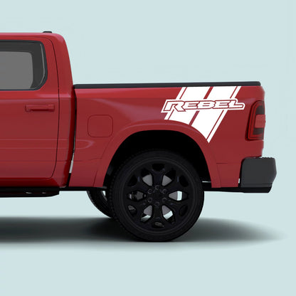 2019–present Ram 1500 with white Rebel side bed stripe decal kit and REBEL text vinyl graphics