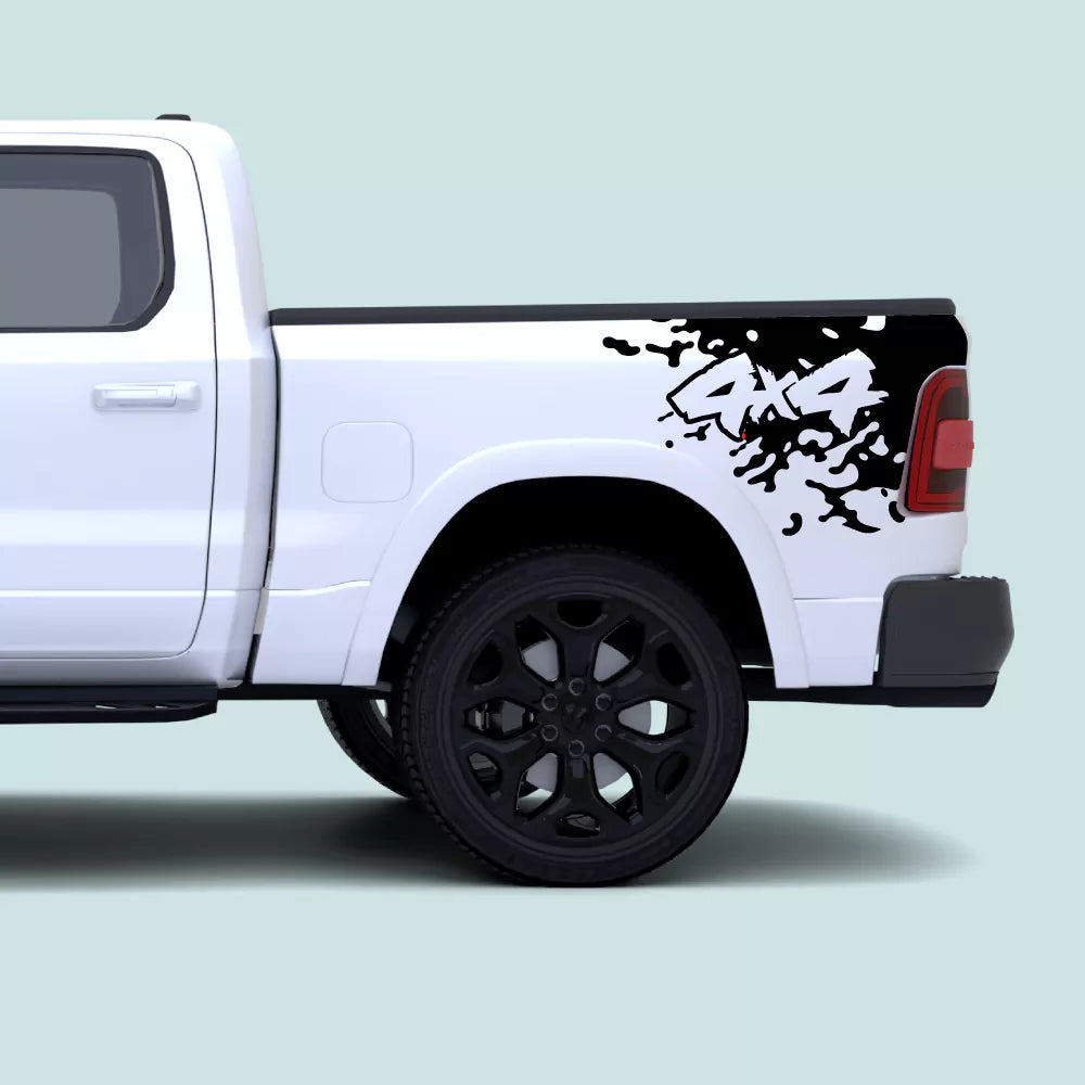 2019–Present Ram 1500 black Mud Splash 4x4 bed side decal installed on the rear bed panel