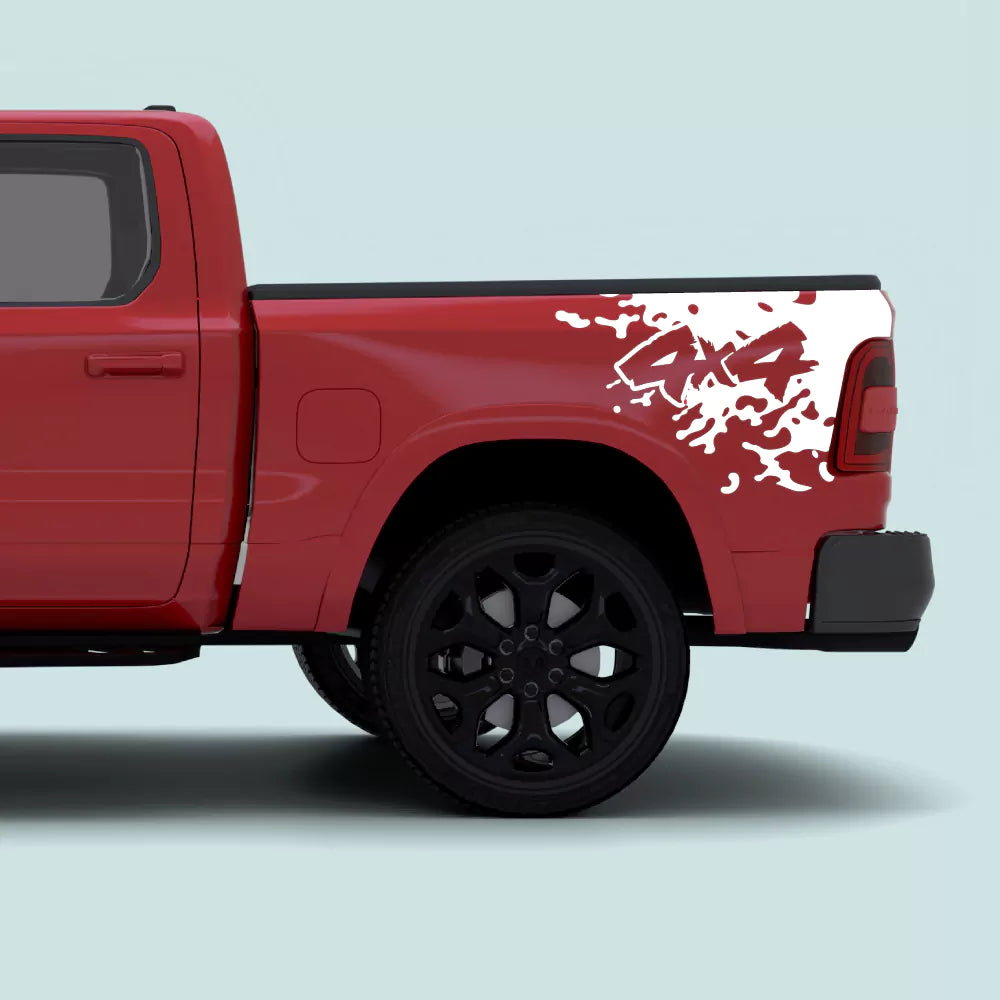 2019–Present Ram 1500 white Mud Splash 4x4 bed side vinyl graphic installed on the truck bed