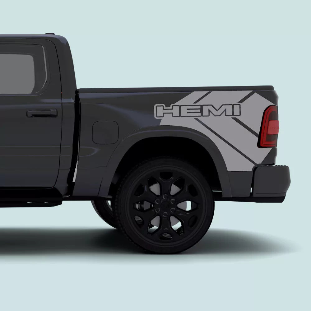 2019–present Ram 1500 grey HEMI side bed decals installed on the rear bed panel