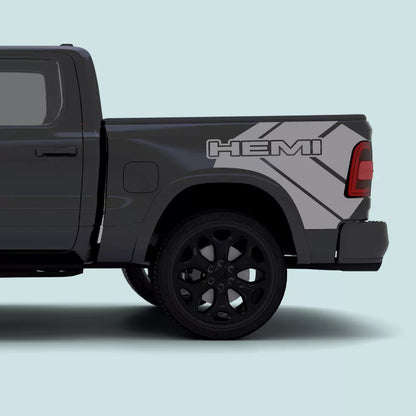 2019–present Ram 1500 grey HEMI side bed decals installed on the rear bed panel