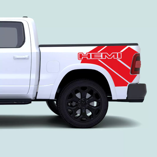 2019–present Ram 1500 red HEMI side bed decals installed on the rear bed panel