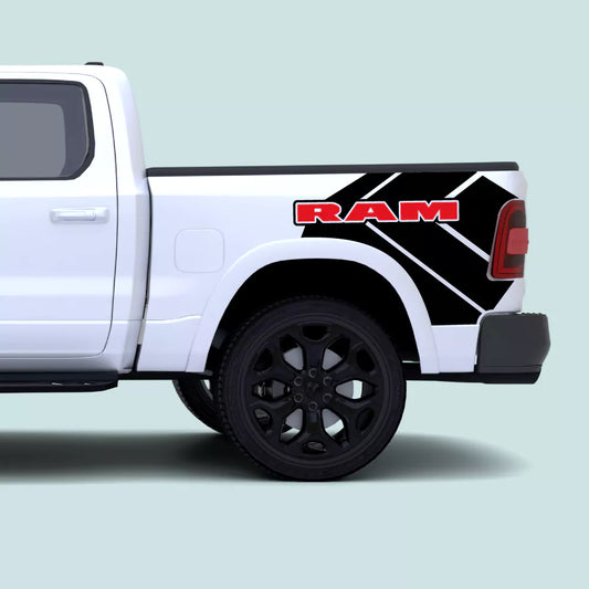 2019-Present Ram 1500 Ram Text Side Bed Decals in black installed on the rear truck bed panel