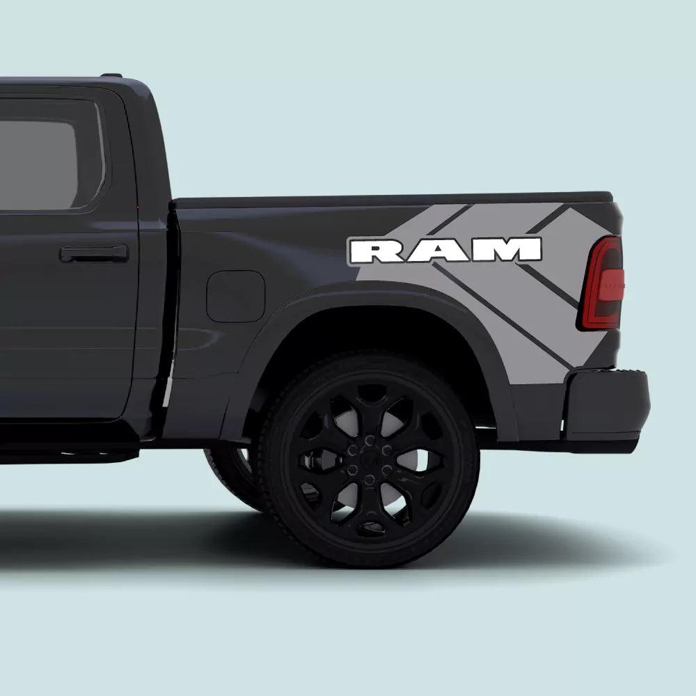 2019-Present Ram 1500 Ram Text Side Bed Decals in grey installed on the rear truck bed panel