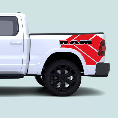 2019-Present Ram 1500 Ram Text Side Bed Decals in red installed on the rear truck bed panel
