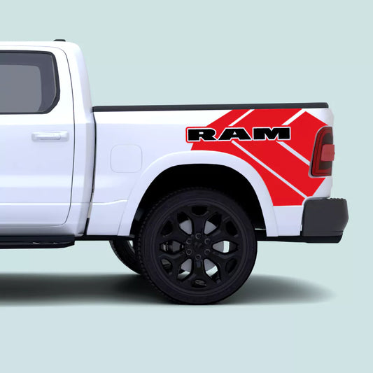 2019-Present Ram 1500 Ram Text Side Bed Decals in red installed on the rear truck bed panel