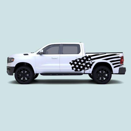 2019–present Ram 1500 with black USA flag side decals across the rear doors and truck bed