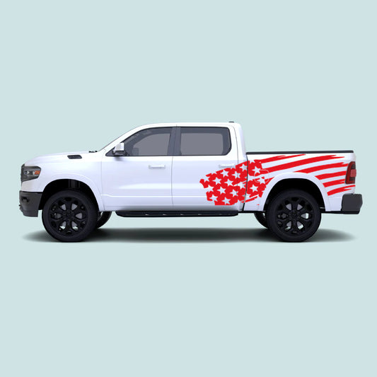 2019–present Ram 1500 with red USA flag side decals across the rear doors and truck bed