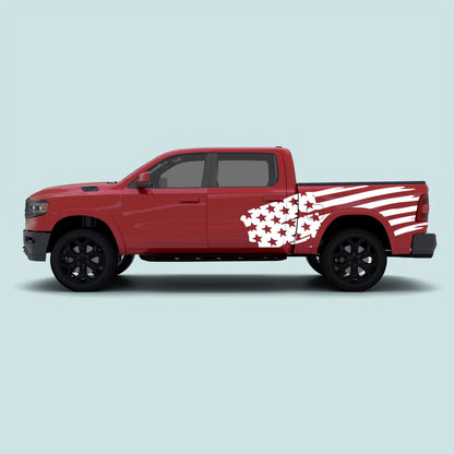 2019–present Ram 1500 with white USA flag side decals across the rear doors and truck bed