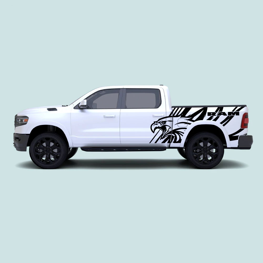 2019-present Ram 1500 American Eagle side decal kit in black installed across the side doors and truck bed