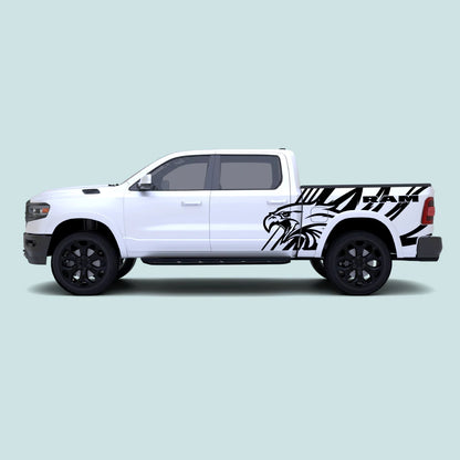 2019-present Ram 1500 American Eagle side decal kit in black installed across the side doors and truck bed