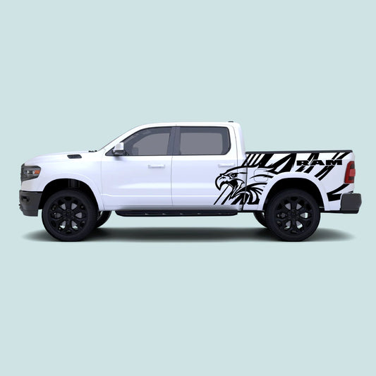 2019-present Ram 1500 American Eagle side decal kit in black installed across the side doors and truck bed