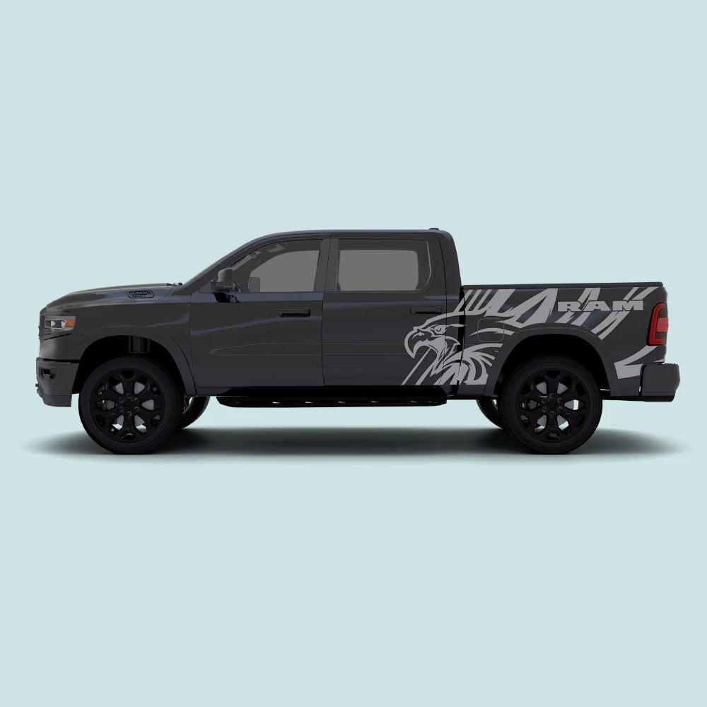 2019-present Ram 1500 American Eagle side decal kit in grey installed along the doors and bed side panels